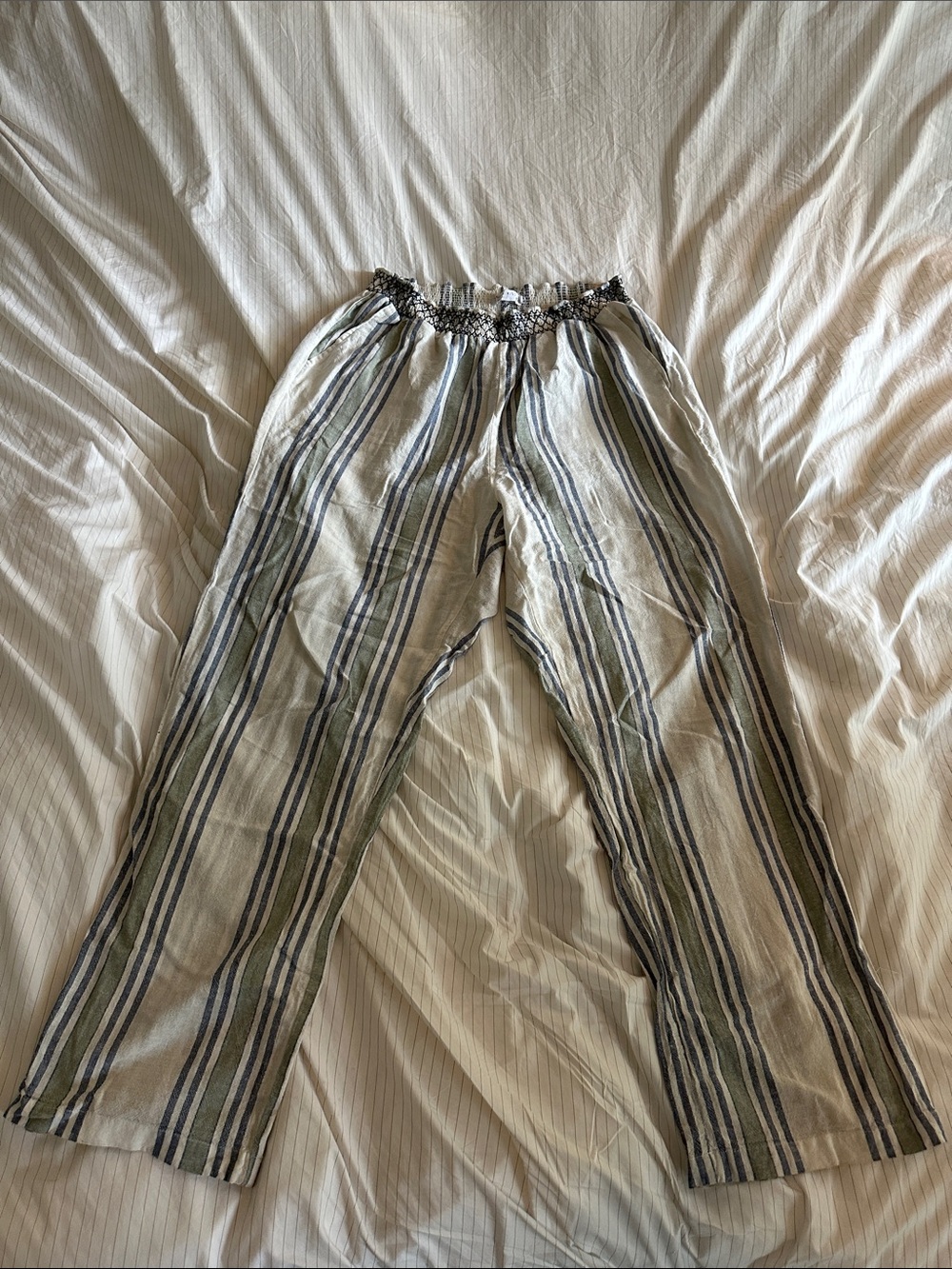 Angel Kiss - Striped Lightweight Linen Elastic Waist Pants - Green & Navy - 1X